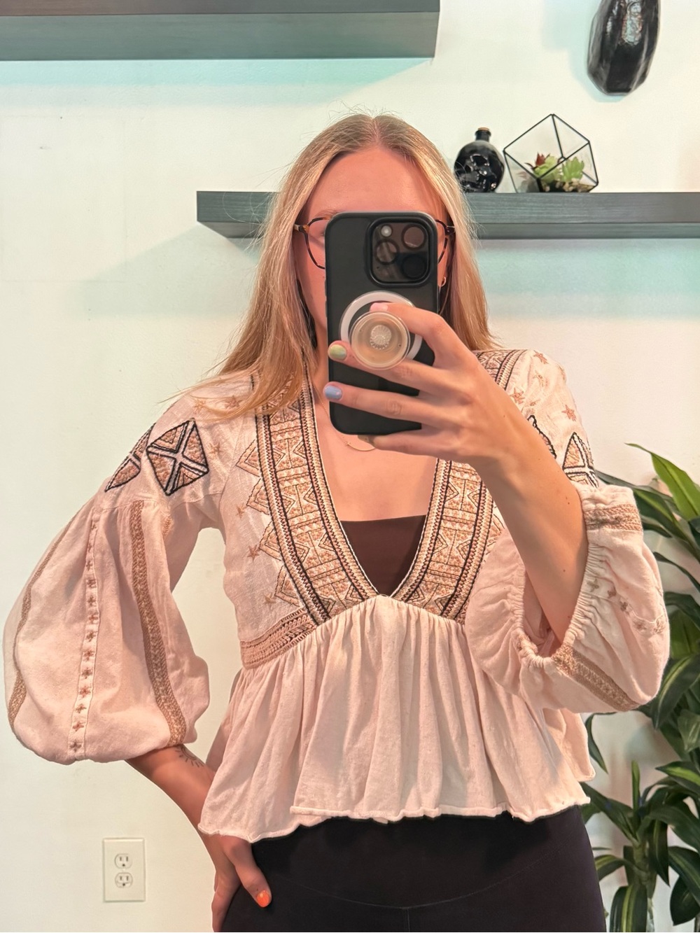 Free People Embroidered Peasant Tunic in Blush Pink